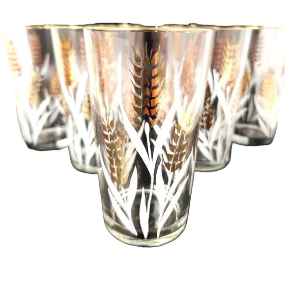 Homer Laughlin Vintage Wheat Pattern Drinking Glasses Set of 7 Gold Rim Mid Cent - Picture 2 of 5
